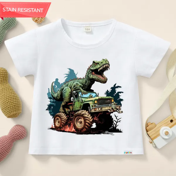 【12M-9Y】Boys Casual Dinosaur And Car Print Cotton Stain Resistant Short Sleeve T-shirt - Popopieshop.com 