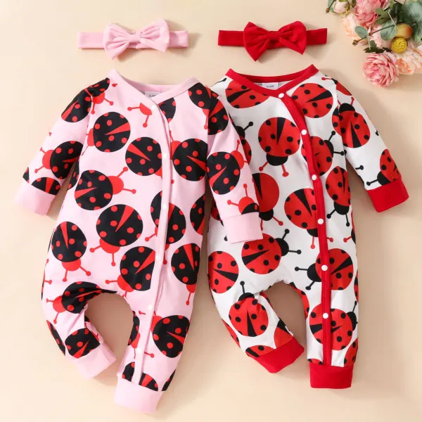 【0M-18M】2-piece Baby Girls Cute Ladybug Long Sleeve Romper With Bow Hair Tie - Popopieshop.com 