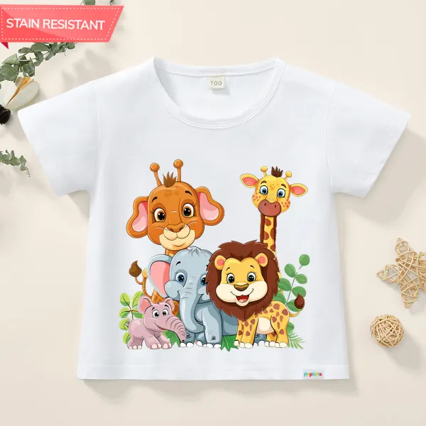 【12M-9Y】Kids Giraffe And Lion Print Cotton Stain Resistant Short Sleeve T-shirt - Popopieshop.com 