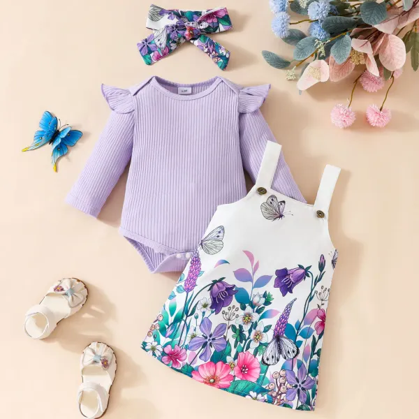 【0M-18M】3-piece Baby Girl Cute Ruffle Romper And Floral Butterfly Print Dress Set With Hairband - Popopieshop.com 