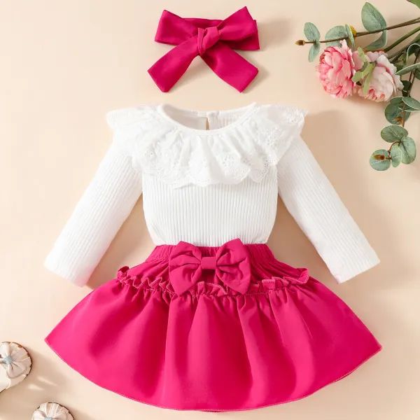 【0M-18M】3-piece Baby Girl Ruffle Collar Romper And Bow Skirt Set With Hairband - Popopieshop.com 