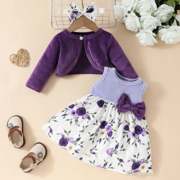 【3M-3Y】3-piece Baby Girl Sweet Floral Print Dress And Ruffle Cardigan Set With Bow Hairband - Popopieshop.com 