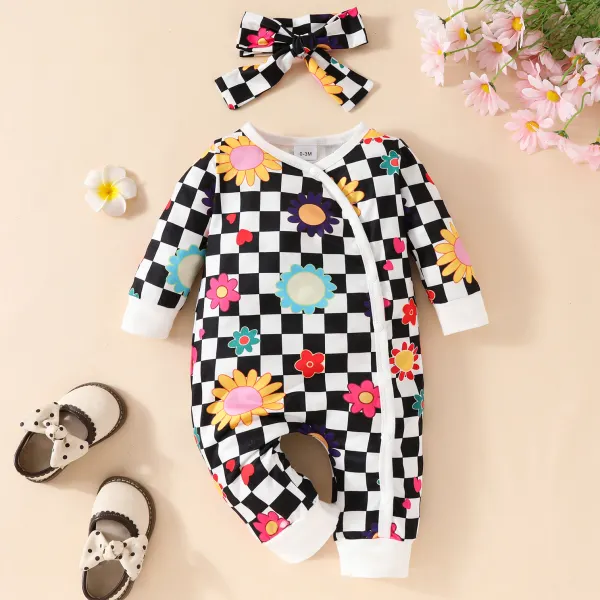 【0M-18M】2-piece Baby Girls Cute Floral And Plaid Print Long Sleeve Romper With Hairband - Popopieshop.com 