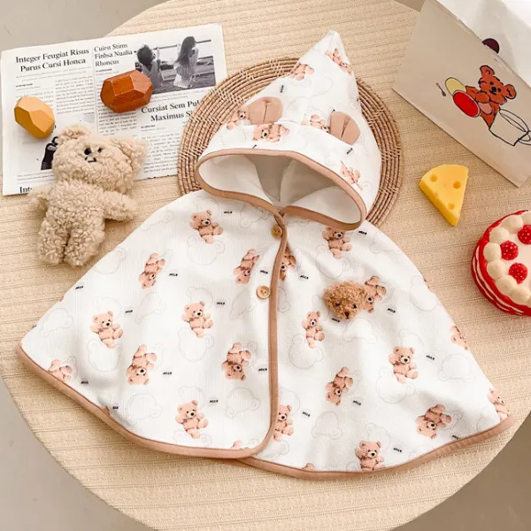 【6M-3Y】Unisex Baby Cute Bear Print Hooded Poncho - Popopieshop.com 