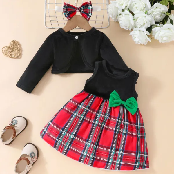 【3M-24M】3-piece Baby Girls Red Plaid Dress And Velvet Cardigan Set With Bow Hairband - Popopieshop.com 