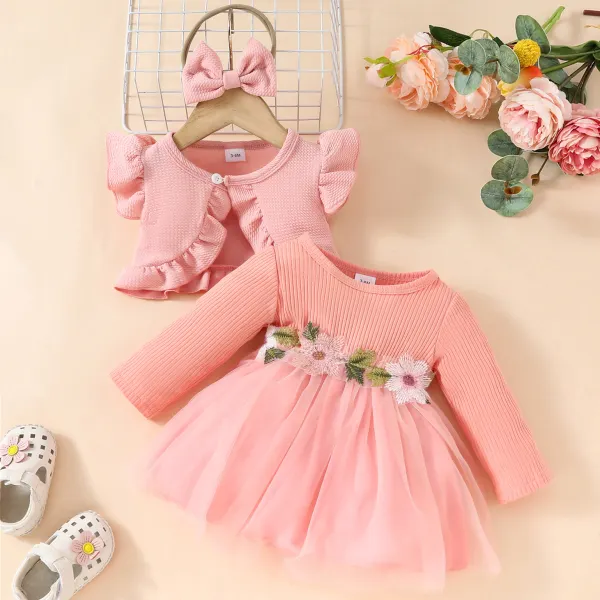 【3M-3Y】3-piece Baby Girl Sweet Floral Embroidered Dress And Ruffle Cardigan Set With Bow Hairband - Popopieshop.com 