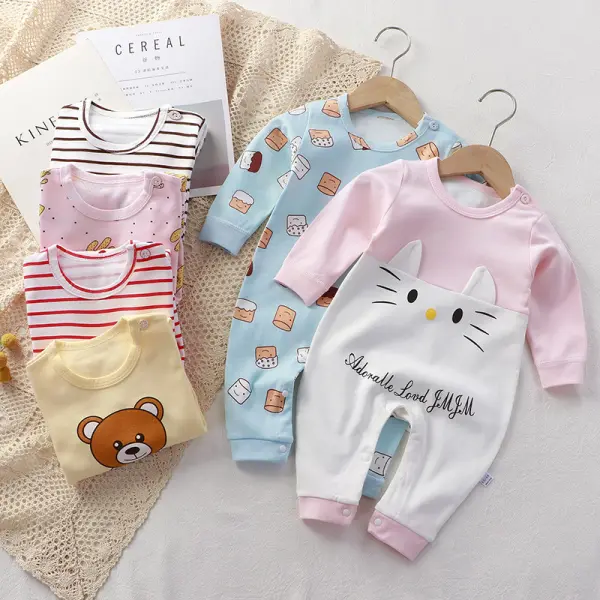 【0M-24M】Unisex Baby Cute Cotton Cartoon Stripe Print Long Sleeve Jumpsuit - Popopieshop.com 