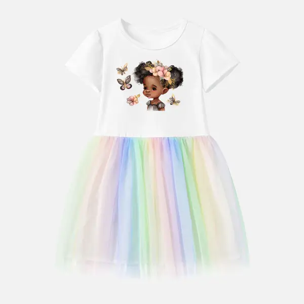 【12M-7Y】Girl Cotton Stain Resistant Cartoon Print Splicing Tulle Short Sleeve Dress - Popopieshop.com 