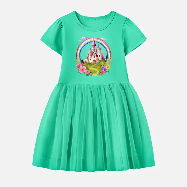 【12M-7Y】Girl Cotton Stain Resistant Rainbow Castle Print Splicing Tulle Short Sleeve Dress - Popopieshop.com 