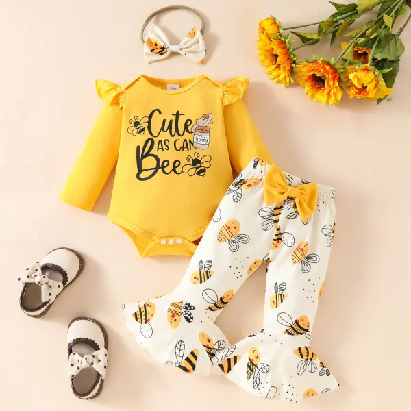【0M-18M】3-piece Baby Girls Cute Letter And Bee Print Romper And Flared Pants Set With Bow Hairband - Popopieshop.com 