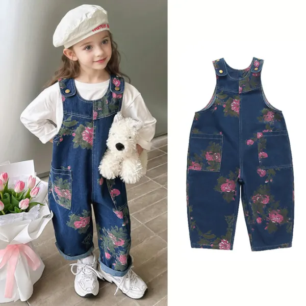【18M-8Y】Girls Sweet Stylish Pink Flower Print Blue Denim Overalls (T-shirt Not Included) - 3914 - Thepopopie.com 