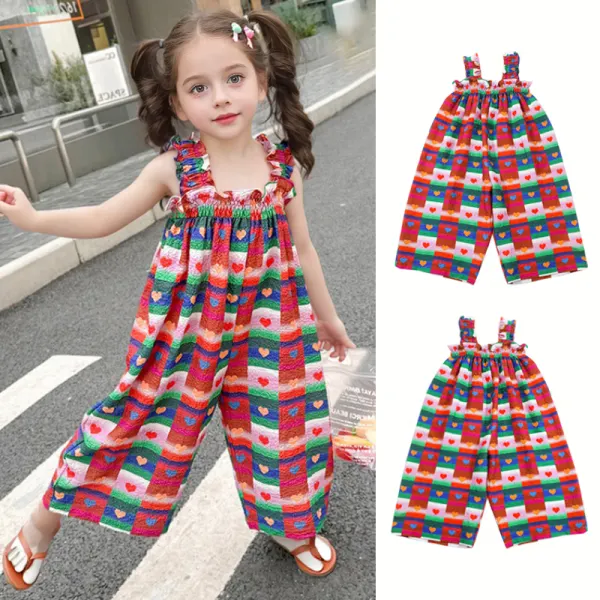 【18M-8Y】Girls Stylish Colorful Plaid And Heart Shape Printed Jumpsuit - 3916 - Popreal.com 