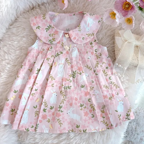 【18M-8Y】Girls Sweet Floral Rabbit Print Bow Doll Collar Sleeveless Dress - Popopieshop.com 