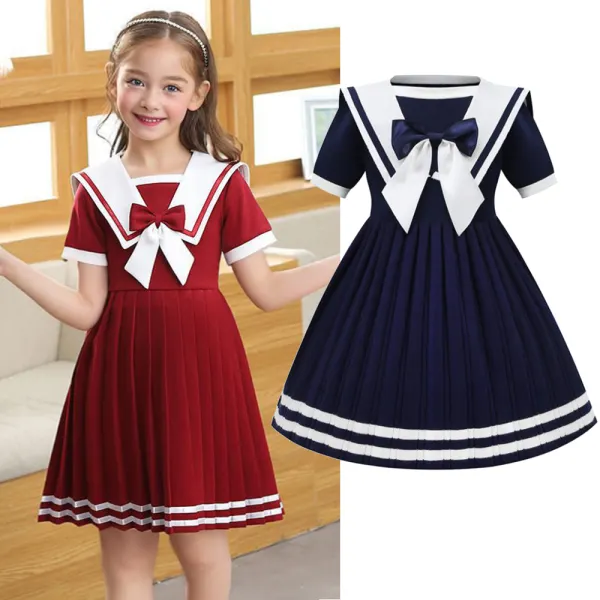 【3Y-12Y】Girls Lapel Bow Short Sleeve Dress - 33496 - Podoasis.com 