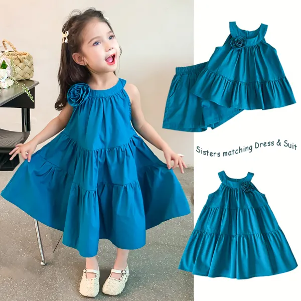 【18M-8Y】Girls Stylish Three Dimensional Floral Design Blue Sisters Matching Dress And Set - Popopieshop.com 