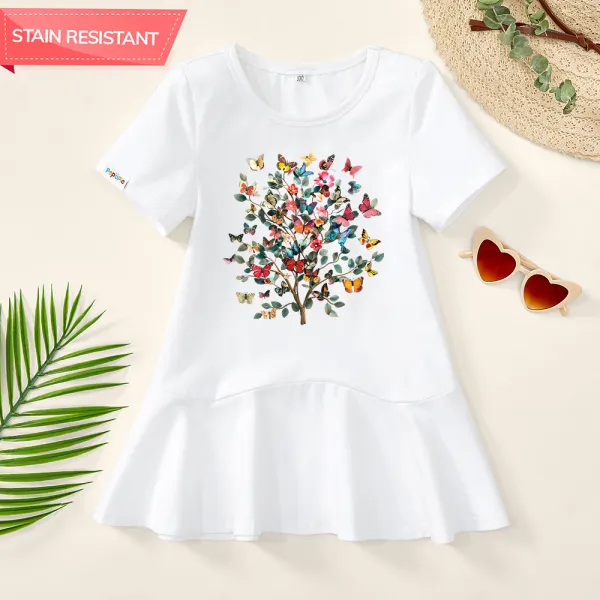 【18M-9Y】Girls Butterflies And Tree Prints Stain Resistant Cotton Short Sleeve Dress - Popopieshop.com 