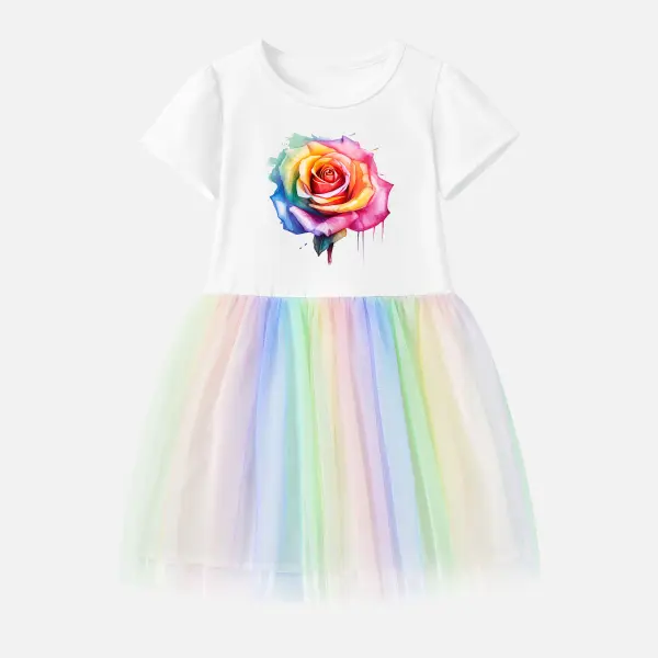 【12M-7Y】Girls Colorful Flower Print Cotton Stain Resistant Splicing Tulle Short Sleeve Dress - Popopieshop.com 
