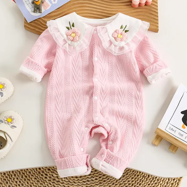 【3M-24M】Baby Girls Cute Floral Embroidery Lapel Pink Romper - Popopieshop.com 