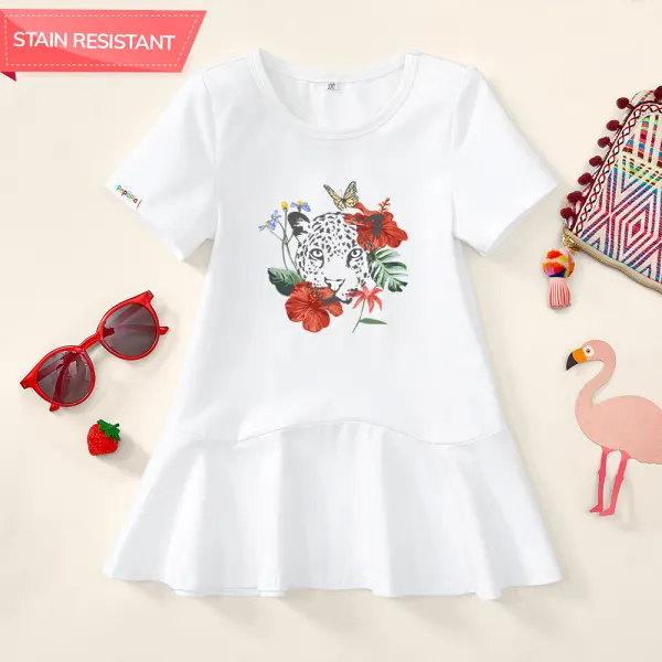 【18M-9Y】Girls Flowers And Leopard And Butterfly Prints Stain Resistant Cotton Short Sleeve Dress - Popopieshop.com 
