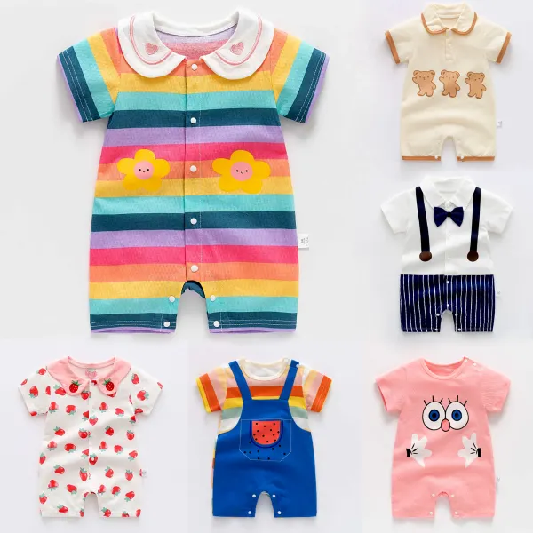 【3M-3Y】Unisex Baby Cartoon Print Multicolor Short Sleeves Romper - Popopieshop.com 