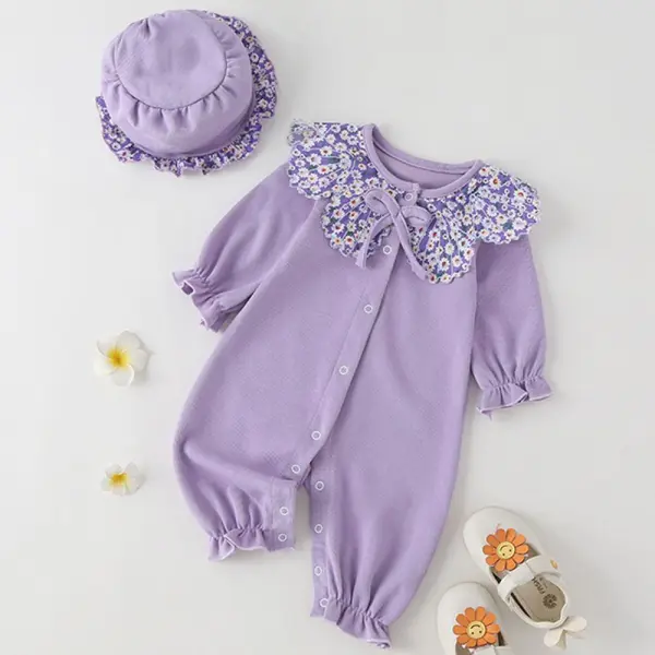 【3M-24M】2-piece Baby Girl Purple Floral Lapel Long Sleeve Romper With Hat - Popopieshop.com 