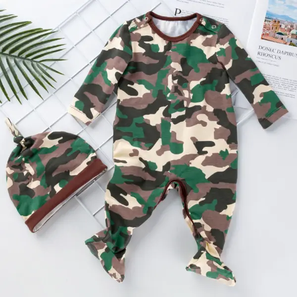 【0M-18M】2-piece Baby Boy Camouflage Print Long Sleeve Romper With Hat - Popopieshop.com 