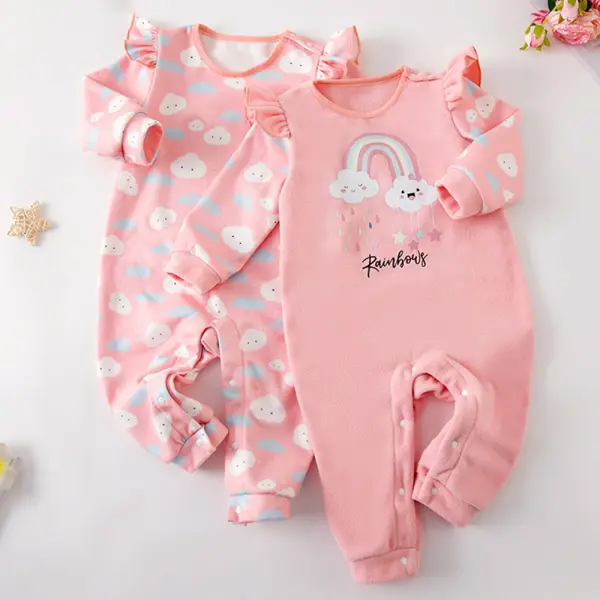 【0M-18M】Baby Girl Pink Flannel Rainbow Cloud Print Long Sleeve Bodysuit - Popopieshop.com 