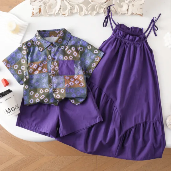 【18M-8Y】Sister And Brother Stylish Purple Sling Dress And Plaid Shirt With Shorts Set Matching Outfits - Popopieshop.com 