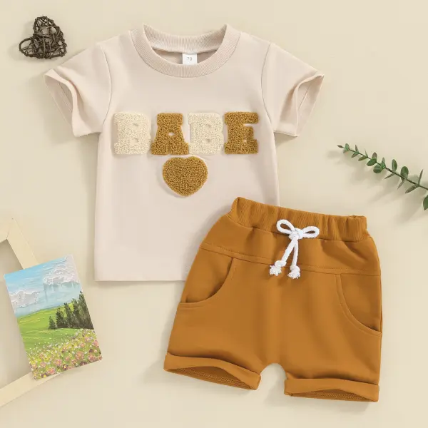 【3M-3Y】2-piece Unisex Baby Pink Letter Embroidered Short Sleeve T-shirt And Shorts Set - Popopieshop.com 