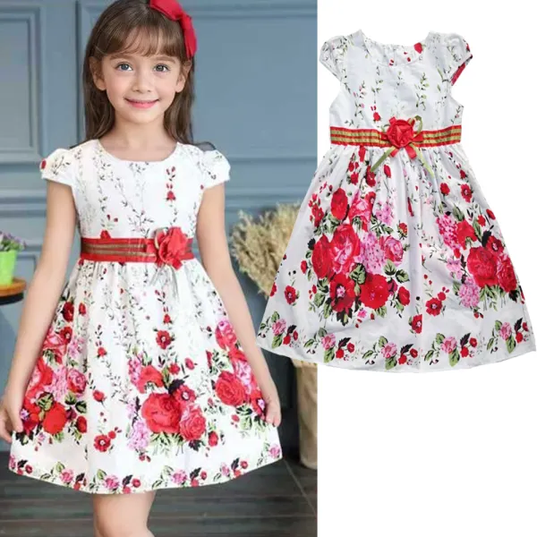 【3Y-12Y】Girls Cotton White Floral Short Sleeve Dress - 33454 - Popopieshop.com 