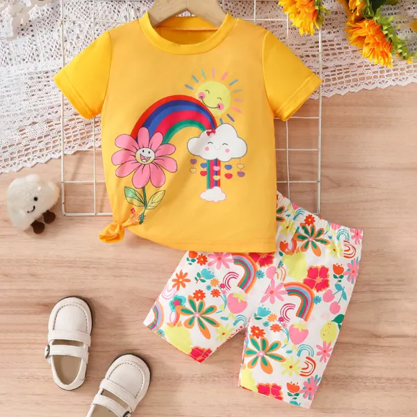 【2Y-8Y】2-piece Girls Rainbow Floral Print Short Sleeve T-shirt And Shorts Set - Popopieshop.com 