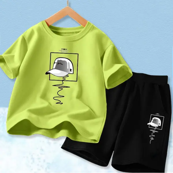 【18M-10Y】2-piece Boys Casual Cotton Hat Print Multicolor Short-sleeved T-shirt And Shorts Set - Popopieshop.com 