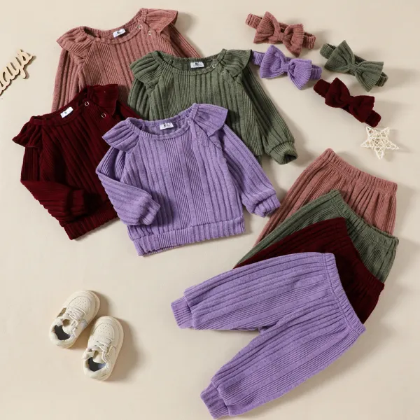【3M-3Y】3-piece Baby Girl Cute Solid Color Ruffled Sweatshirt And Pants Set With Headband - Popopieshop.com 