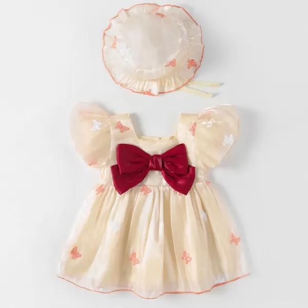 【3M-24M】2-piece Baby Girl Butterfly Embroidered Bow Short Sleeve Dress With Hat - Popopieshop.com 