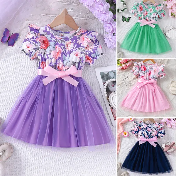 【18M-6Y】Girls Floral Mesh Short Sleeve Dress - Popopieshop.com 