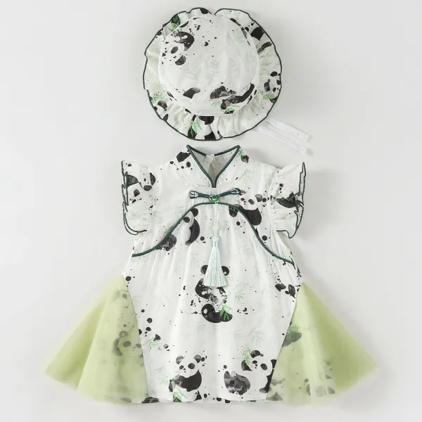 【3M-24M】2-piece Baby Girl Panda Print Short Sleeve Dress With Hat - Popopieshop.com 