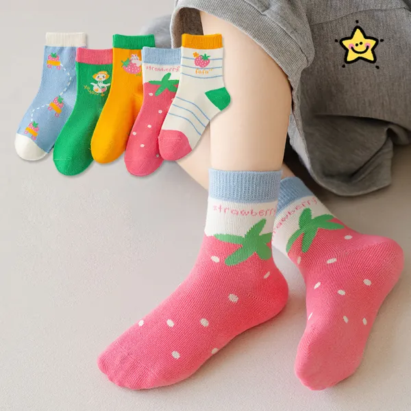【18M-12Y】5-pack Girls Cute Cotton Breathable Colorful Mid-calf Socks - Popopieshop.com 