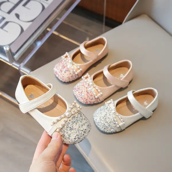 Girls Rhinestone Pearl Bow Princess Shoes - Popopieshop.com 