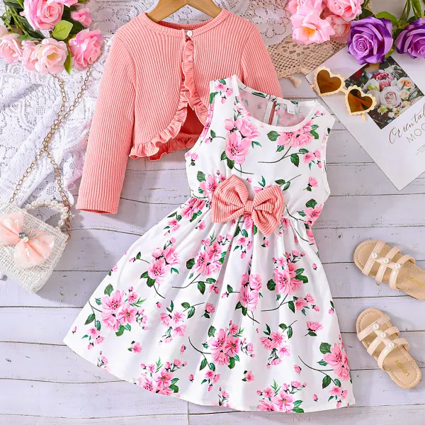 【2Y-8Y】2-piece Girls Sweet Floral Sleeveless Dress And Ruffle Cardigan Set - Popopieshop.com 