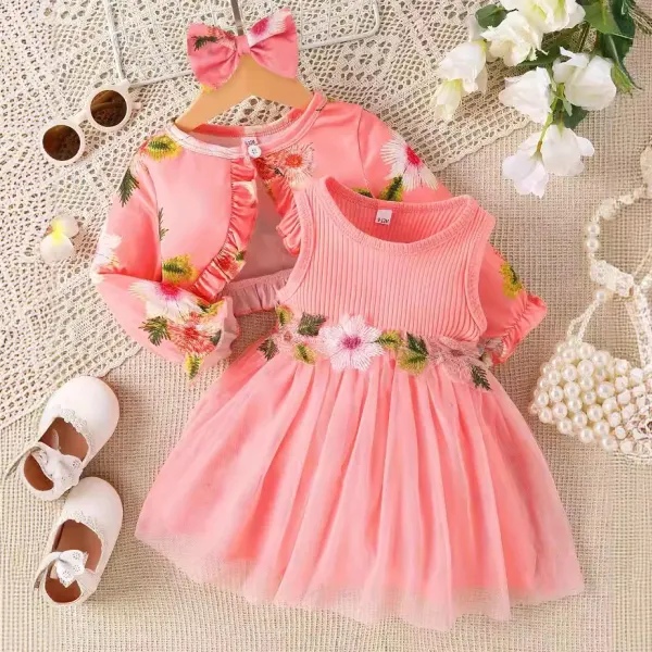 【3M-3Y】2-piece Girls Sweet Floral Embroidered Sleeveless Dress And Ruffle Cardigan Set - Podoasis.com 