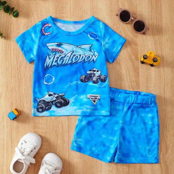 【9M-3Y】2-piece Baby Boy Cute Blue Shark Print Short Sleeve T-shirt And Shorts Set - Popopieshop.com 