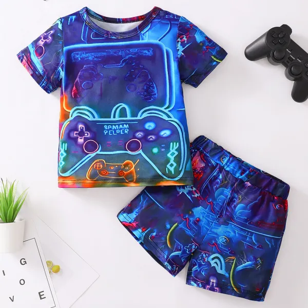 【9M-3Y】2-piece Baby Boy Cute Game Controller Printed Short Sleeve T-shirt And Shorts Set - Popopieshop.com 