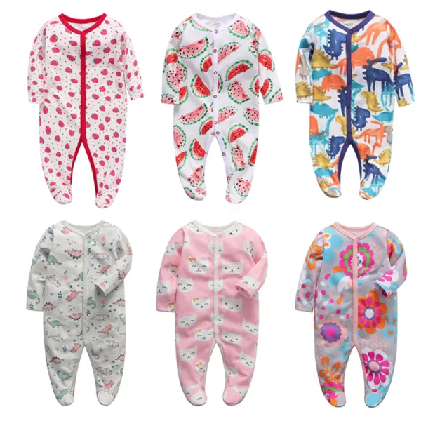 【0M-18M】Baby Girl Cute Cotton Strawberry Watermelon Floral Print Foot Covered Jumpsuit - Popopieshop.com 