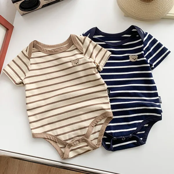 【3M-24M】Unisex Baby Cotton Striped Printed Bear Embroidered Short-sleeved Romper - Popopieshop.com 
