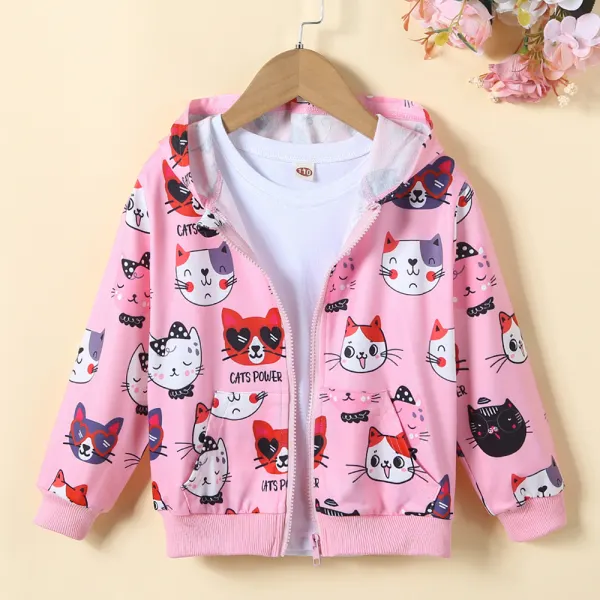【2Y-8Y】Girls Casual Cute Cartoon Cat Print Hooded Jacket - Popopieshop.com 