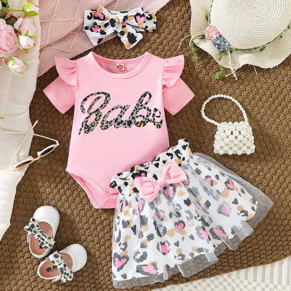 【0M-12M】3-piece Baby Girl Cute Letter Print Short-sleeved Romper And Leopard Skirt Set With Headband - Popopieshop.com 