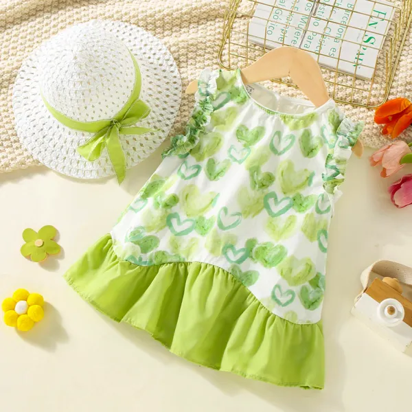 【9M-3Y】2-piece Baby Girls Cute Heart Shape Printed Ruffle Dress With Bow Hat - Popopieshop.com 