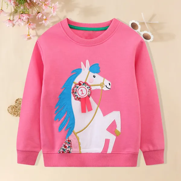 【18M-7Y】Girl Cute Cotton Pony Embroidered Crew Neck Sweatshirt - Popopieshop.com 