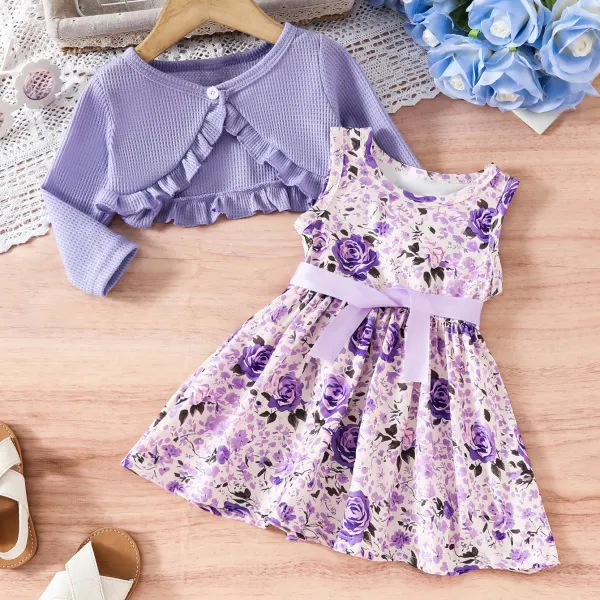 【6M-3Y】2-piece Baby Girl Sweet Floral Print Sleeveless Dress And Purple Ruffle Cardigan Set - Popopieshop.com 