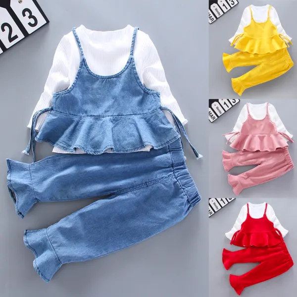 【6M-3Y】3-piece Baby Girl Stylish White T-shirt And Ruffle Sling Top And Pants Set - Popopieshop.com 